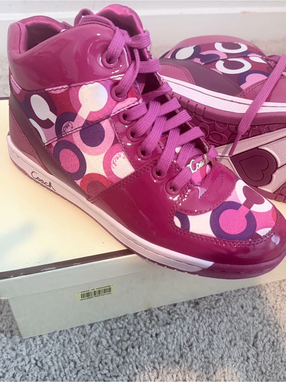 Coach Fuchsia Patent & Printed Signature High-Top Sneakers